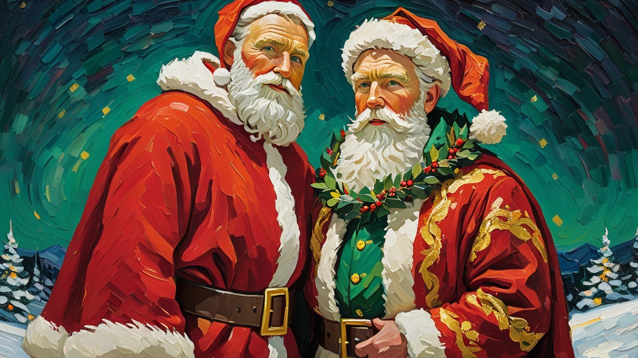 Two elderly men in red robes and Santa hats
