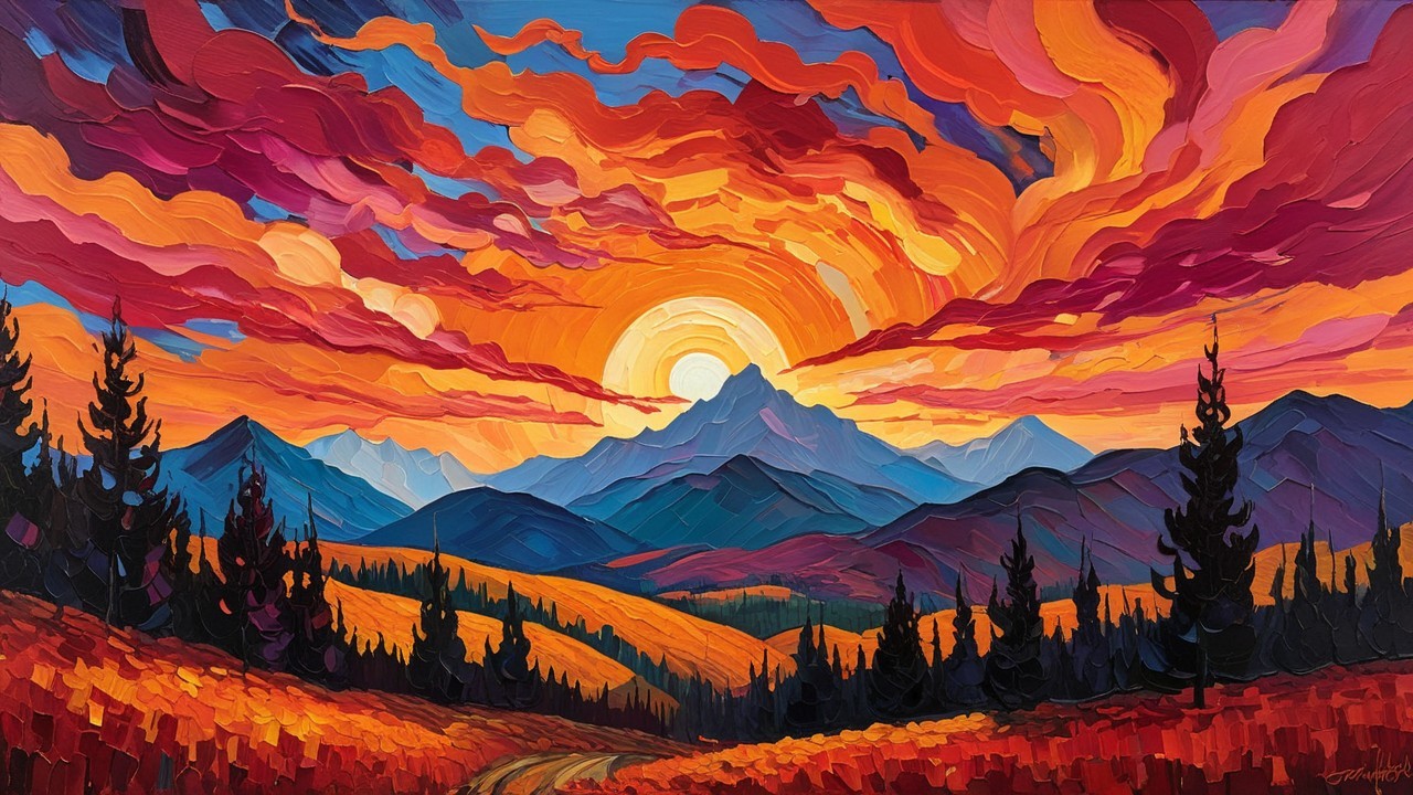 Sunset Over Mountains with Vibrant Colors and Trees