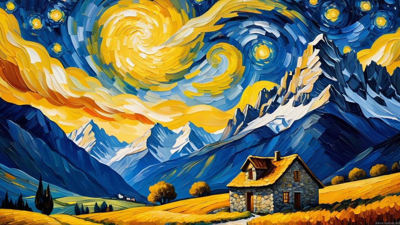 Digital painting of a twilight mountain landscape