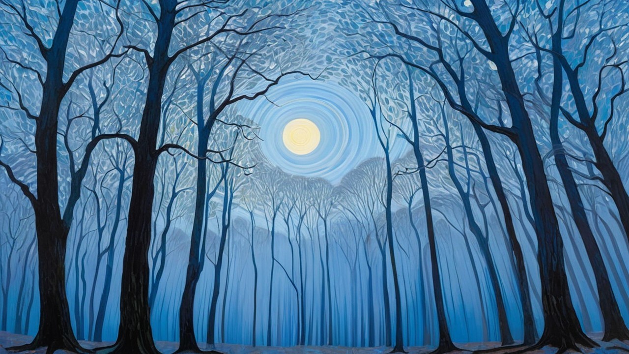 Serene Winter Forest with Moonlit Blue Tones