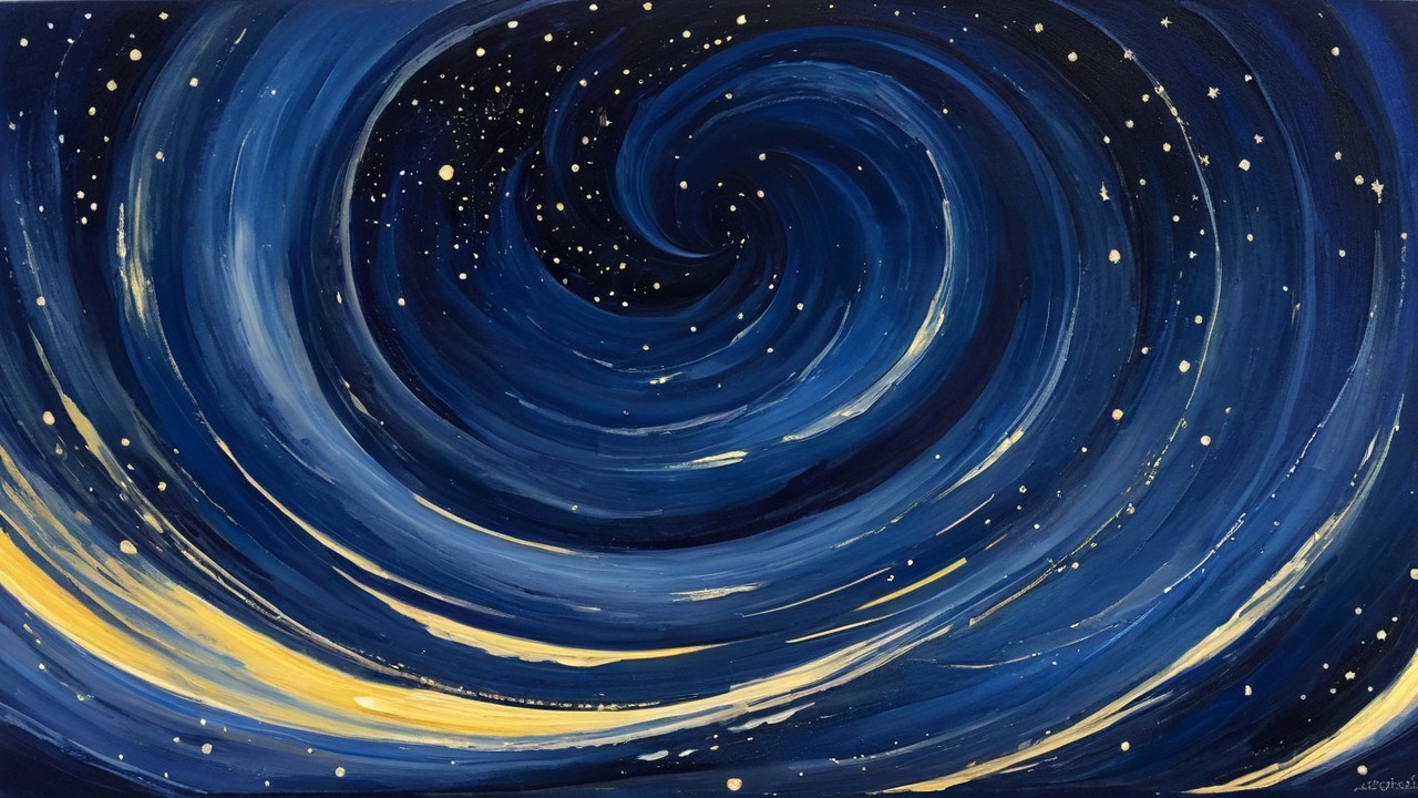 Cosmic whirlpool in deep blues with starry accents
