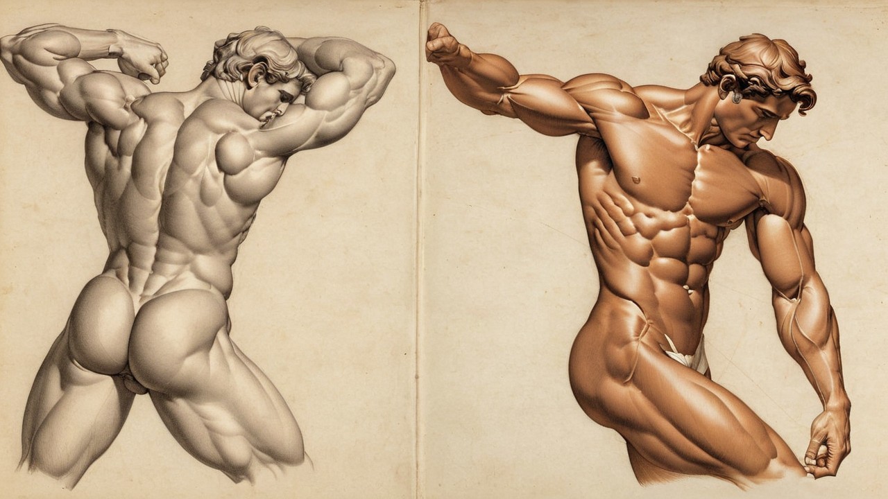 Muscular Male Figure Anatomy in Grayscale and Color