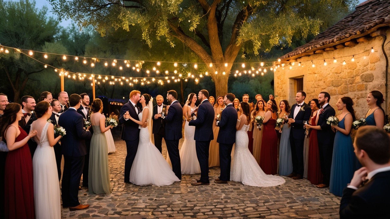 Outdoor Wedding Scene with Fairy Lights and Guests