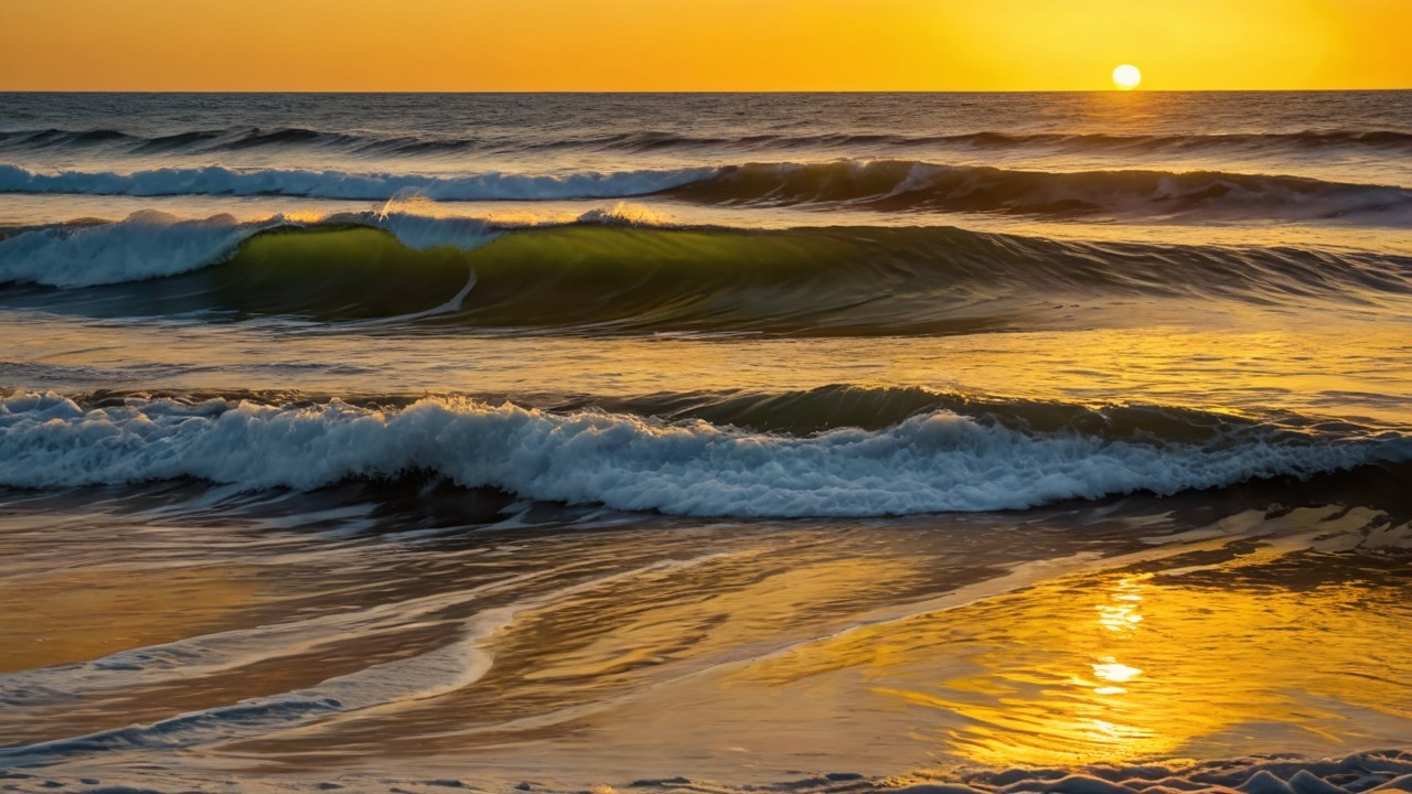 Sunset Over Ocean with Golden Hues and Gentle Waves