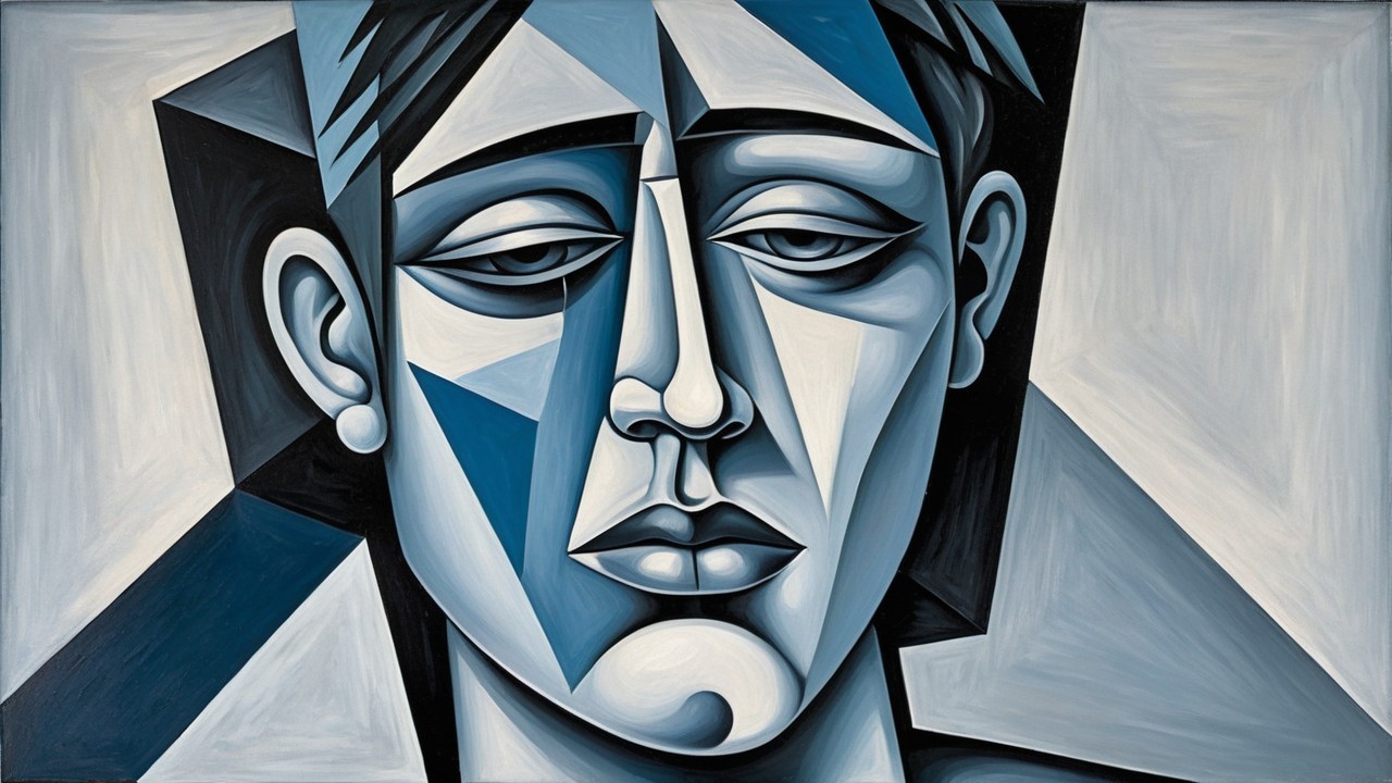 Monochromatic Blue Stylized Portrait with Geometric Shapes