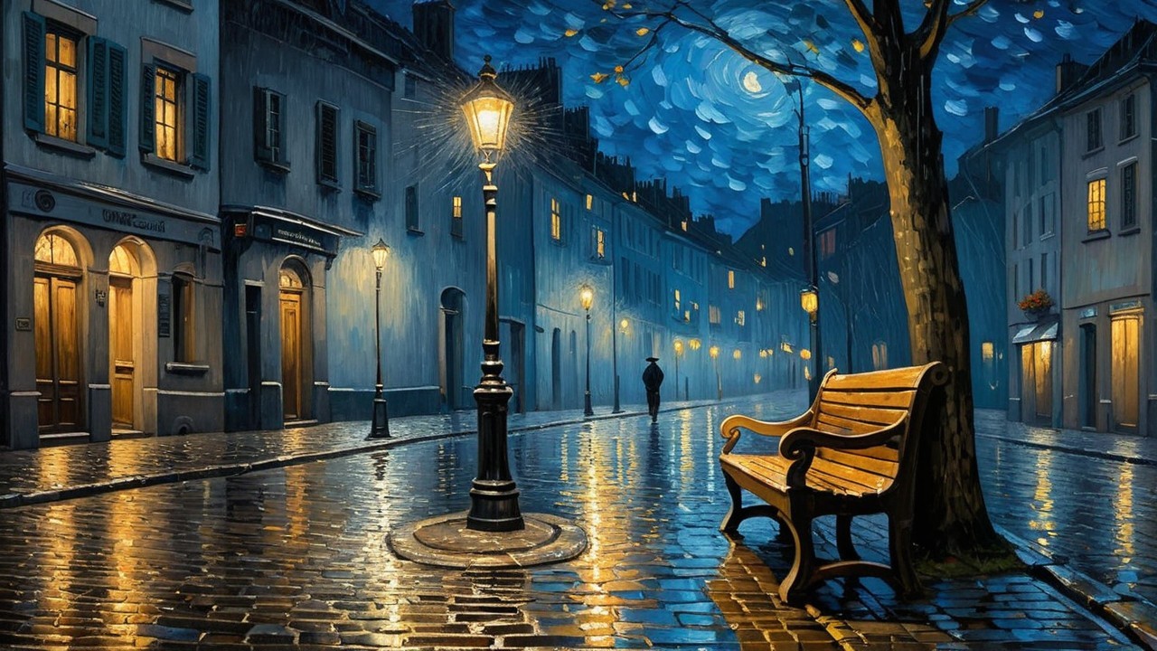 Serene Street Scene with Vintage Lamppost at Night
