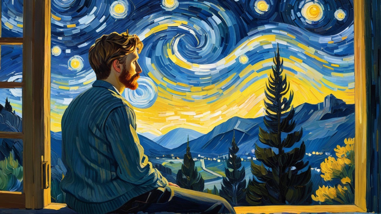 Artistic Painting of a Man Gazing at Starry Night Sky
