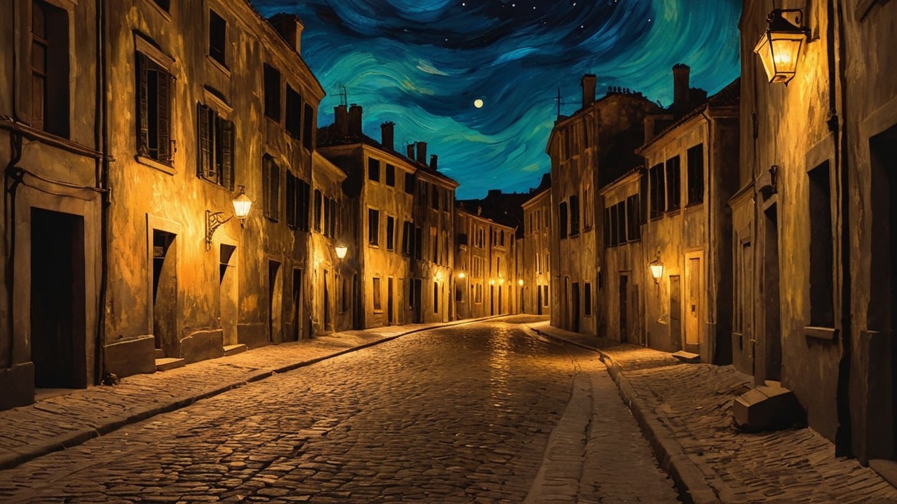 Charming Night Street with Lanterns and Cobblestones