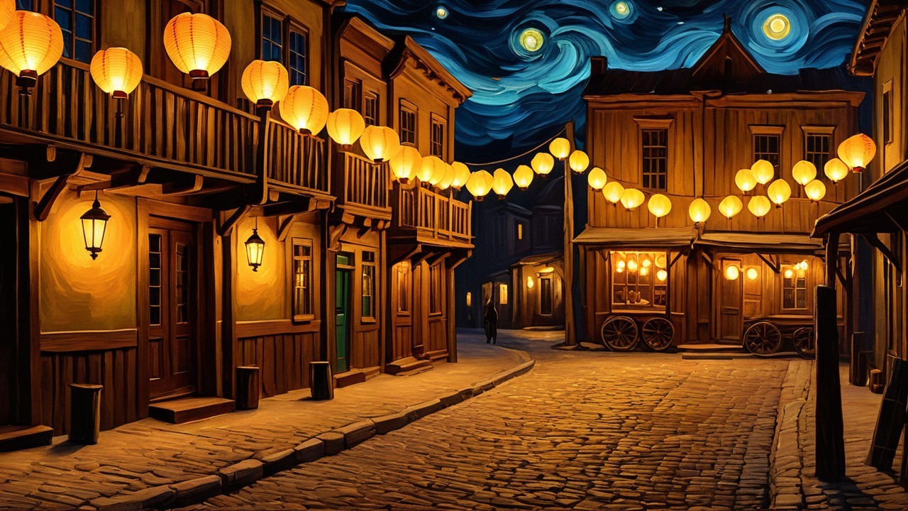 Charming Cobblestone Street at Night with Lanterns