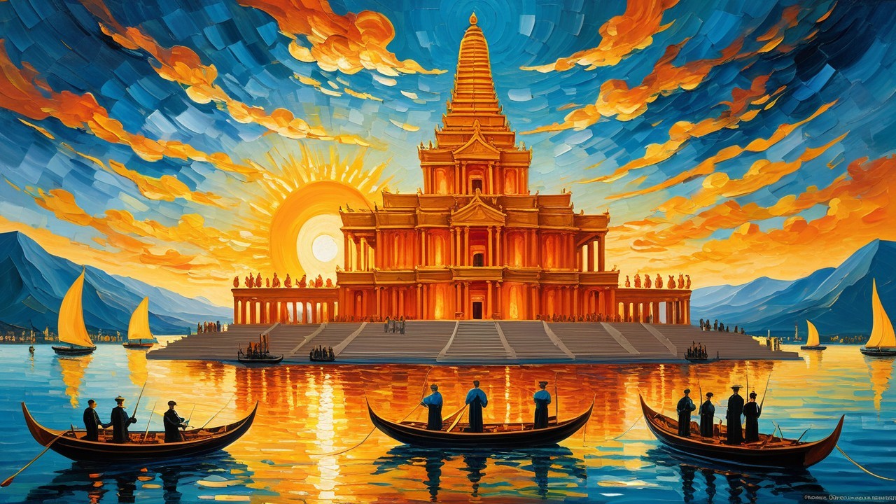 Vibrant landscape with temple and sunset reflections