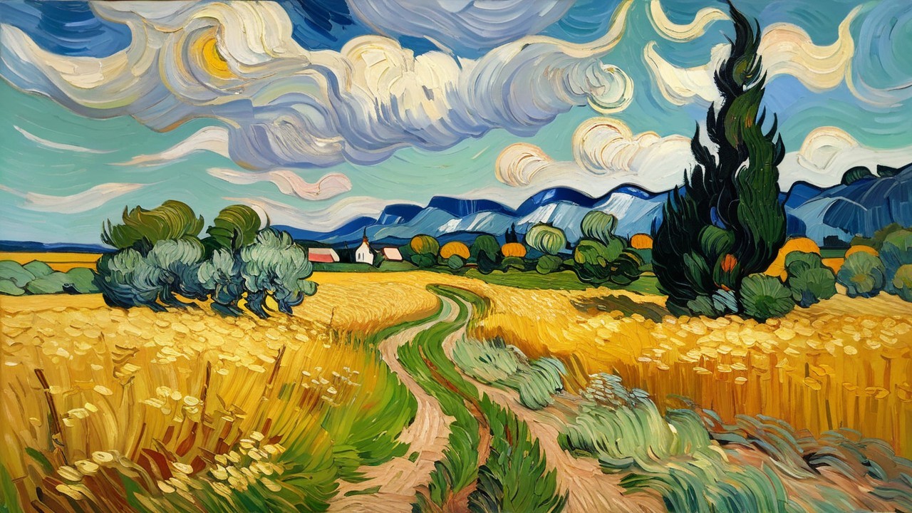 Vibrant Landscape with Wheat Fields and Mountains