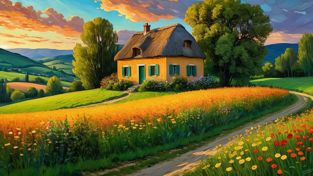 Thatched-Roof Cottage Surrounded by Wildflower Fields