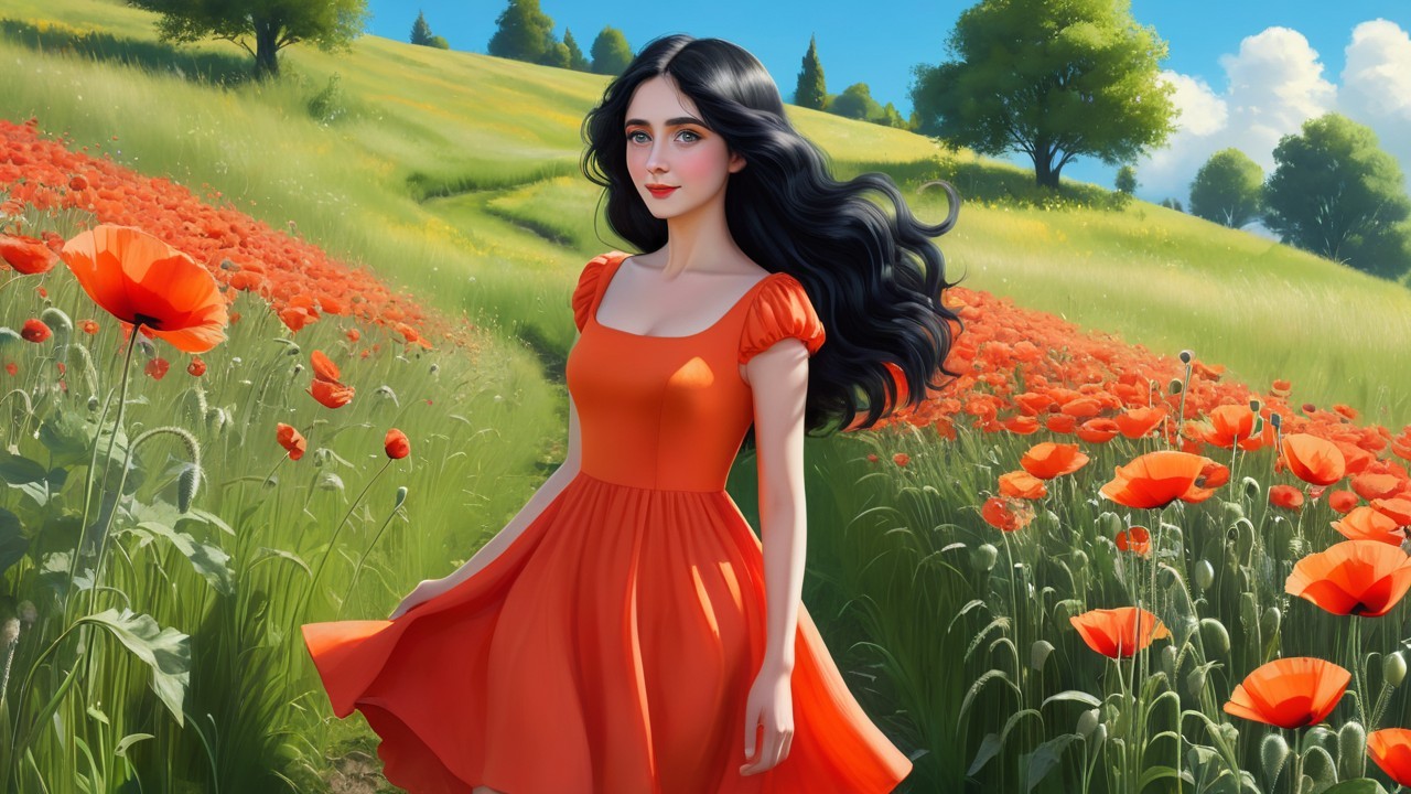 Young woman in orange dress among red poppies