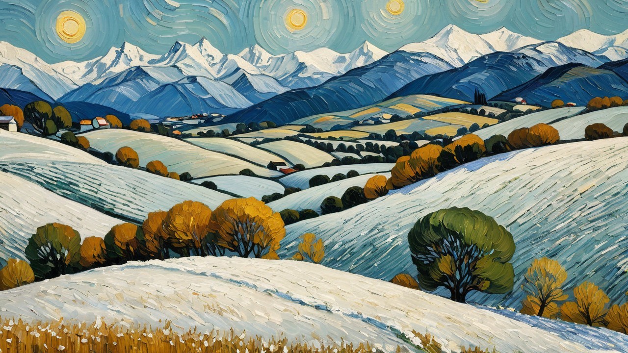 Vibrant Snowy Hills and Autumn Trees Landscape