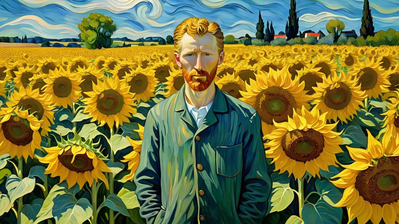 Vibrant Sky and Sunflowers with Figure in Green Jacket