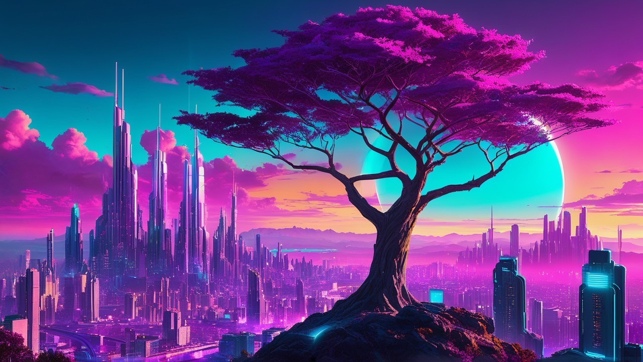 Futuristic cityscape with vibrant colors and a planet