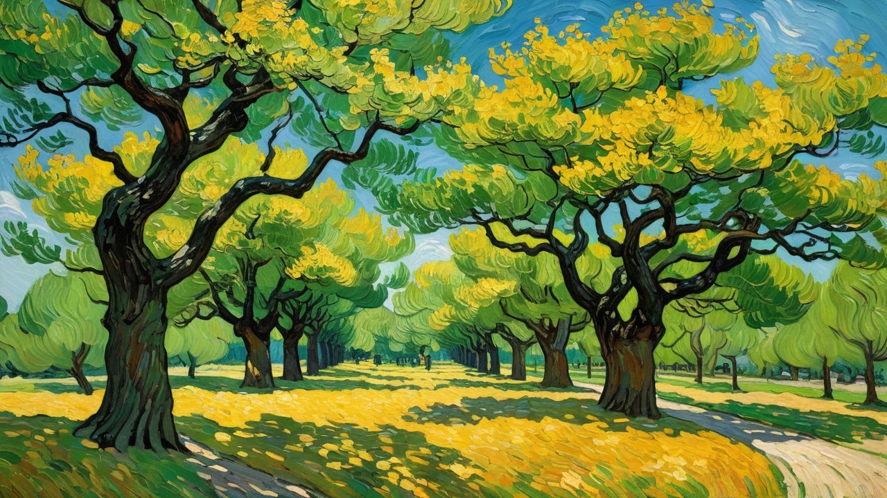 Vibrant Tree-Lined Avenue in Warm Color Palette