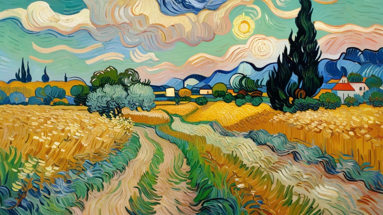 Vibrant Landscape of Wheat Fields and Cypress Trees