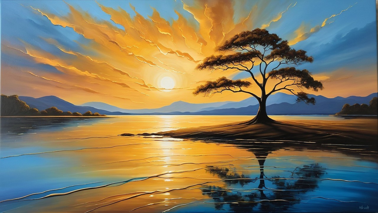 Tranquil Sunset Landscape with Lone Tree and Mountains