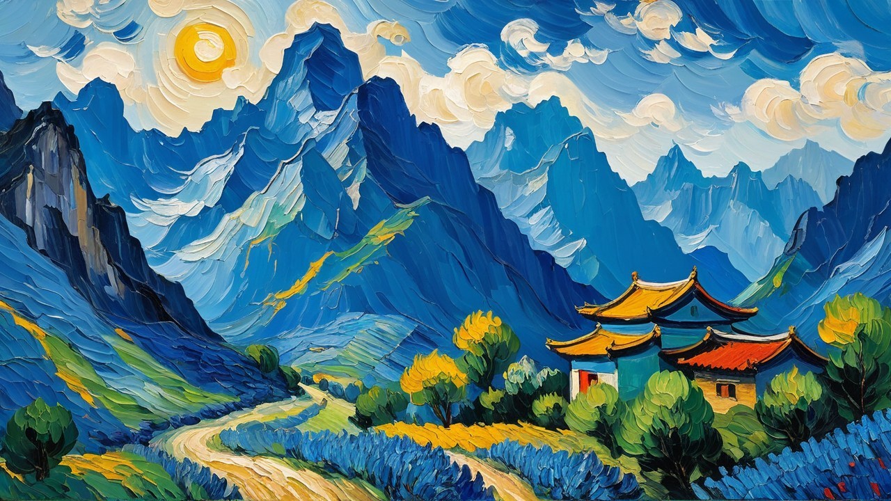 Impressionistic Oil Painting of Vibrant Mountain Landscape