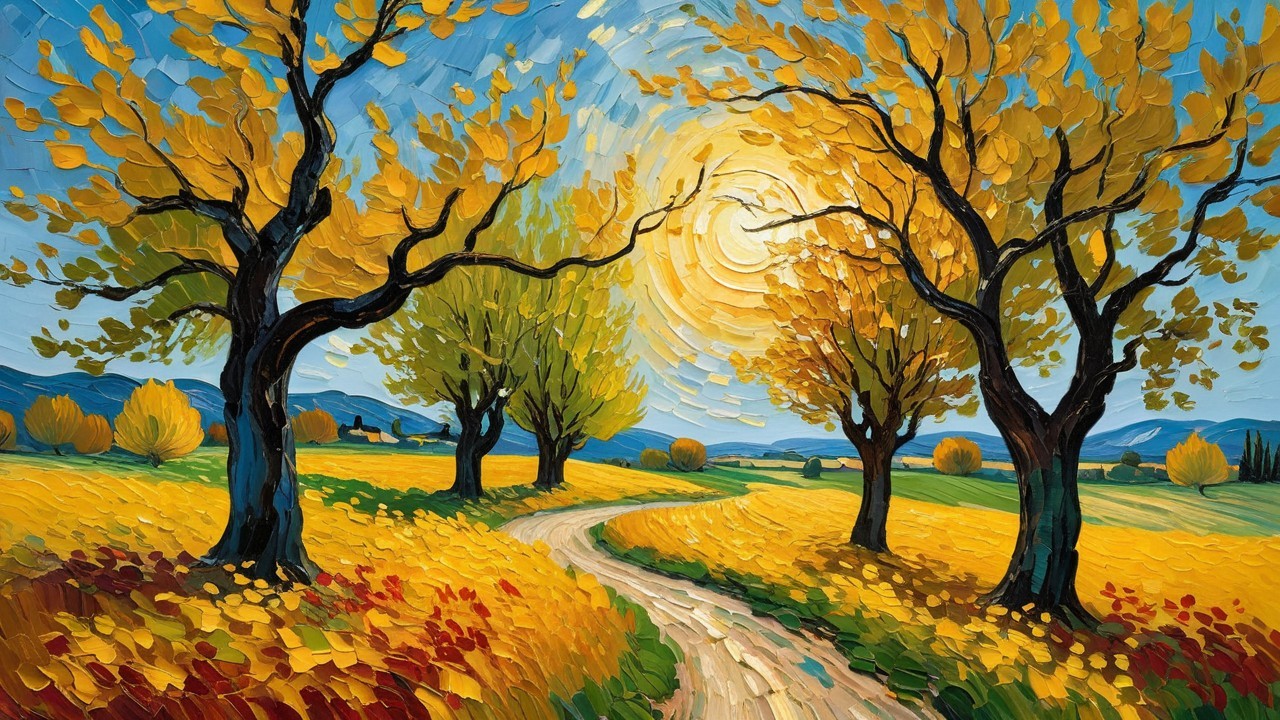 Vibrant Autumn Landscape with Golden Skies and Trees