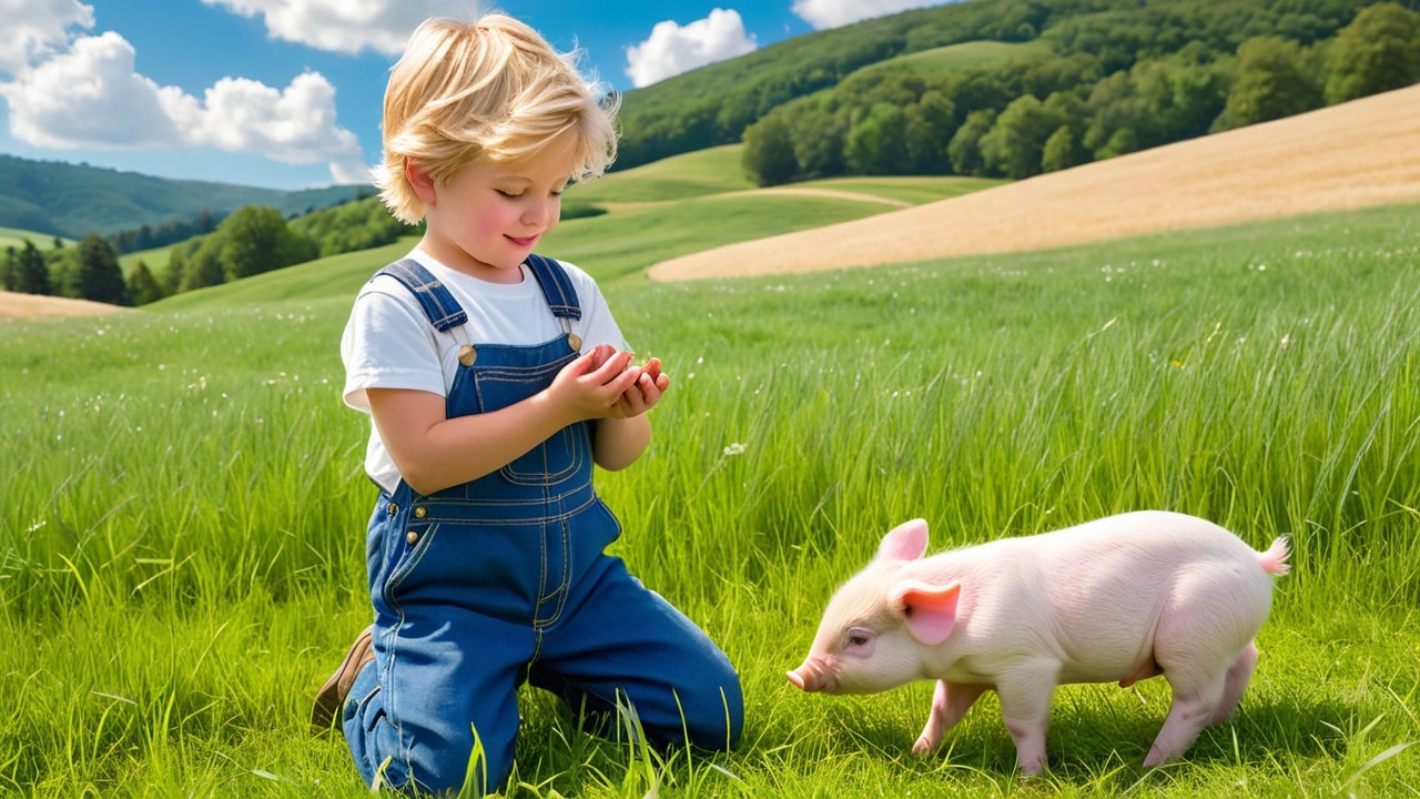 Child in Overalls in Lush Field with Piglet Nearby