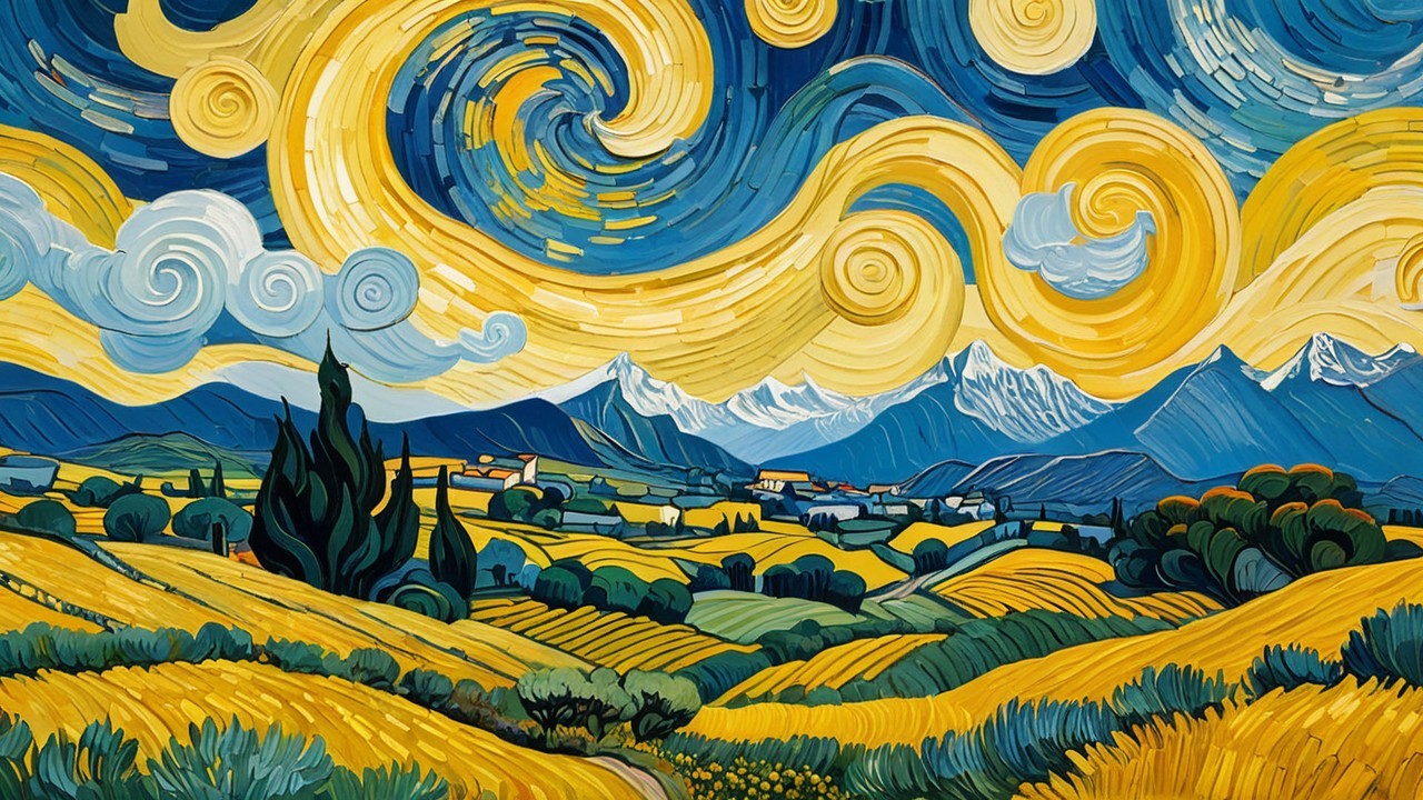 Vibrant Expressionist Landscape with Swirling Sky