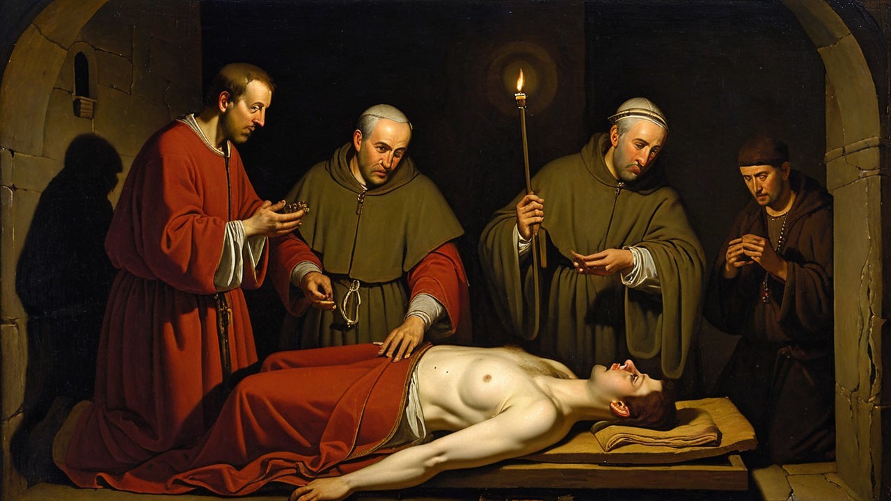 Monks Mourning Over Lifeless Body in Dark Setting
