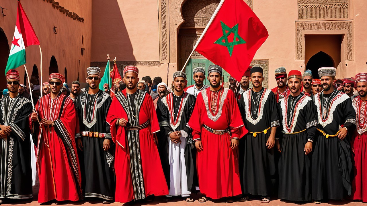 Moroccan Attire and Flags Against Ornate Architecture