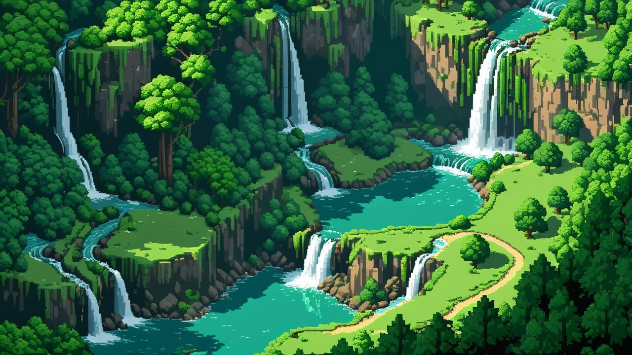Vibrant Pixel-Art Landscape with Waterfalls and Hills