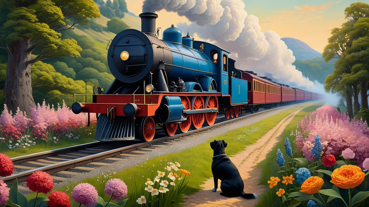 Steam Locomotive on Scenic Railway with Flowers