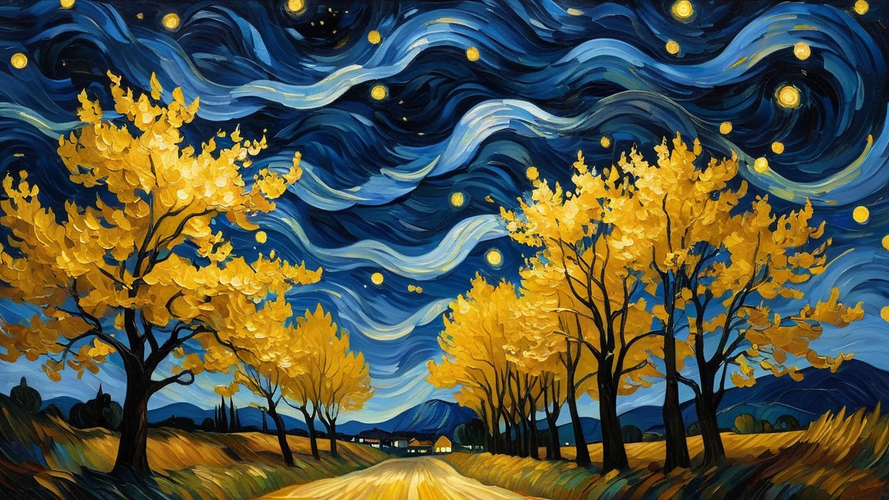 Swirling Night Sky with Autumn Trees and Distant Lights