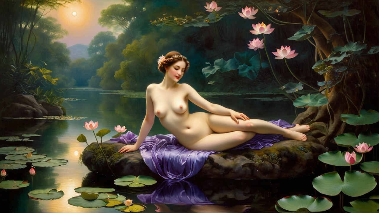 Nude Figure Reclining by Tranquil Pond at Sunset