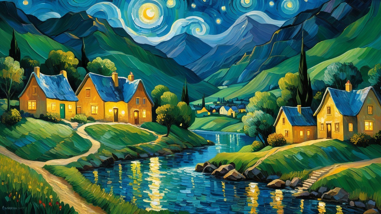 Charming Cottages by a Serene River at Night