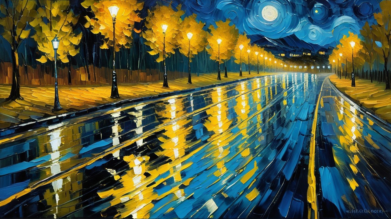 Vibrant Landscape of Rainy Street with Illuminated Lampposts