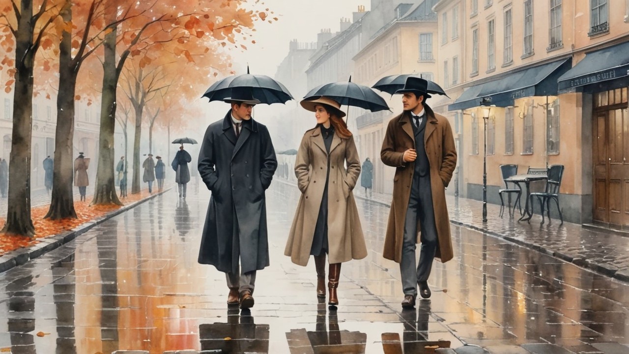 Elegant Individuals Walking on Rain-Soaked Street