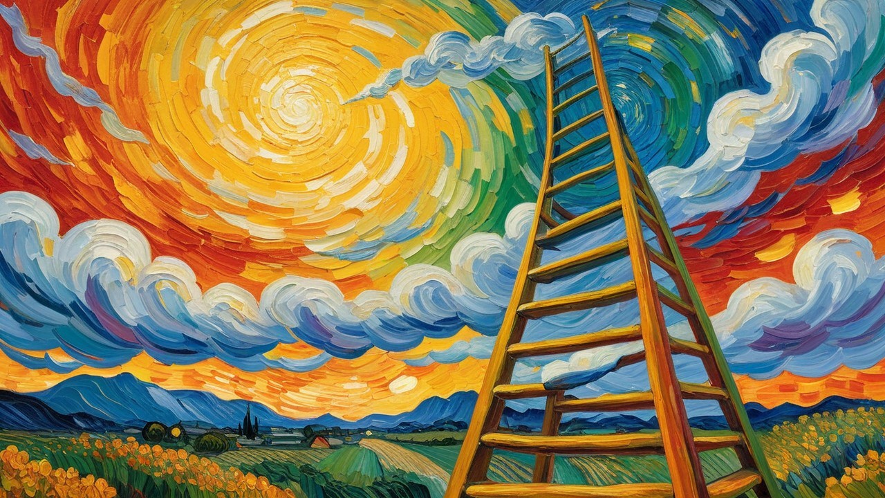 Vibrant Landscape with Ladder and Colorful Sky