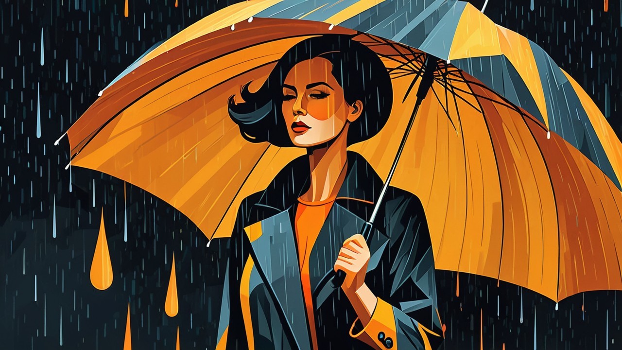 Woman with yellow umbrella in rainstorm setting