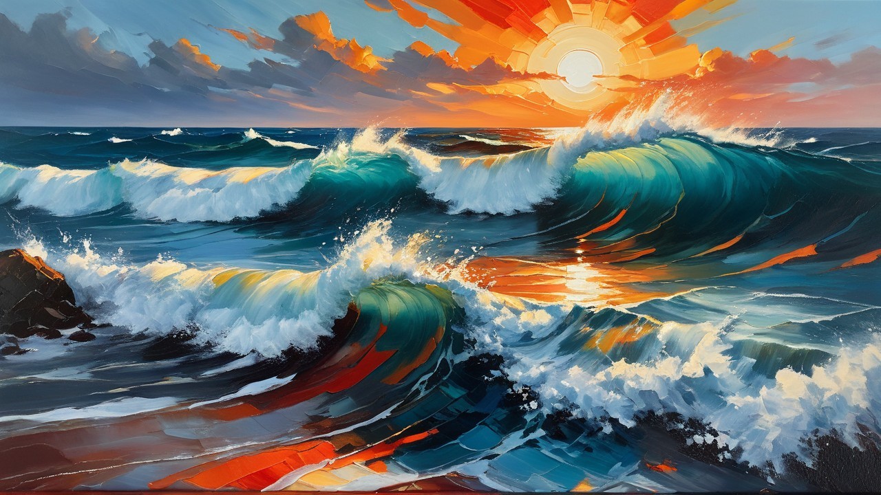 Vibrant Seascape with Crashing Waves and Sunset