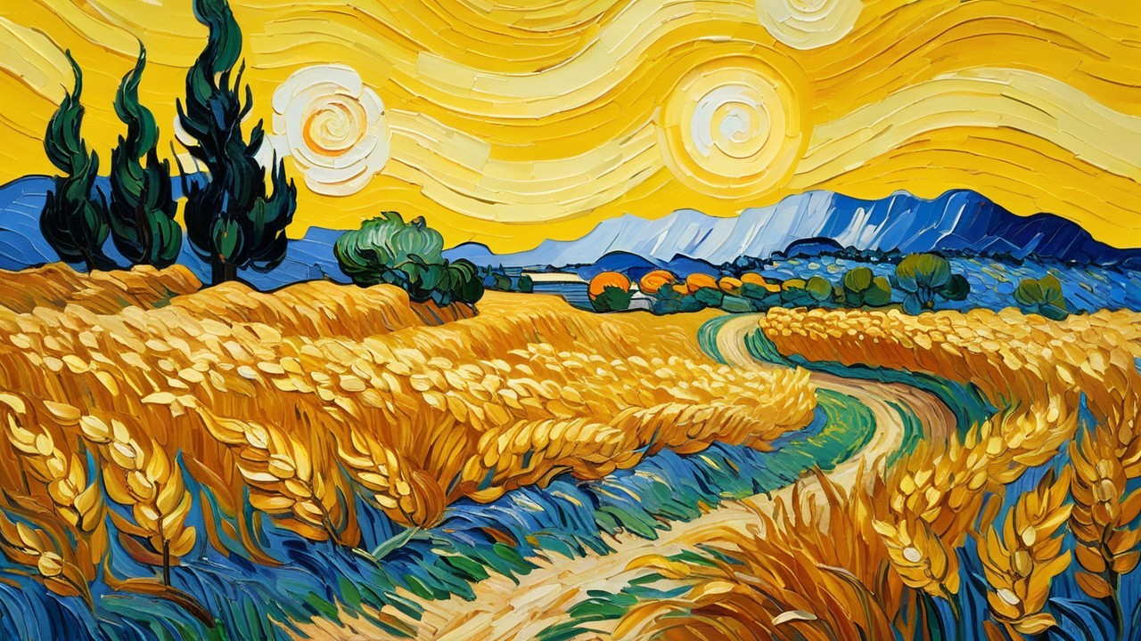 Vibrant Landscape with Wheat Fields and Cypress Trees