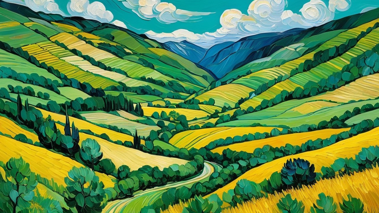 Vibrant Landscape with Rolling Hills and Blue Sky