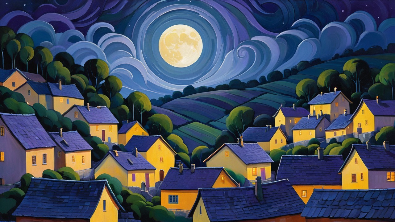 Whimsical Night Scene of a Serene Village Landscape