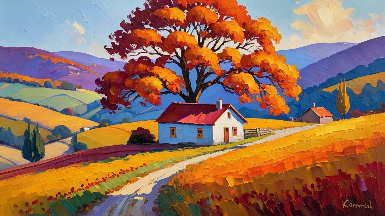 Autumn Landscape with White House and Orange Tree