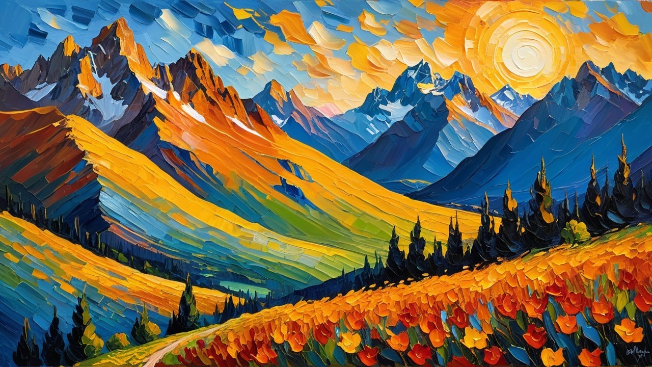 Vibrant Landscape with Mountains and Tulips in Bloom