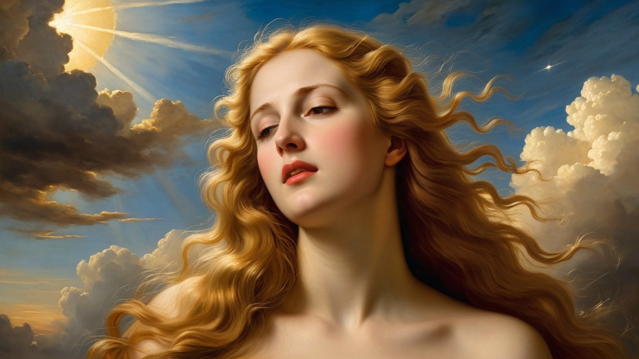 Serene Woman in Sunlit Sky with Flowing Hair