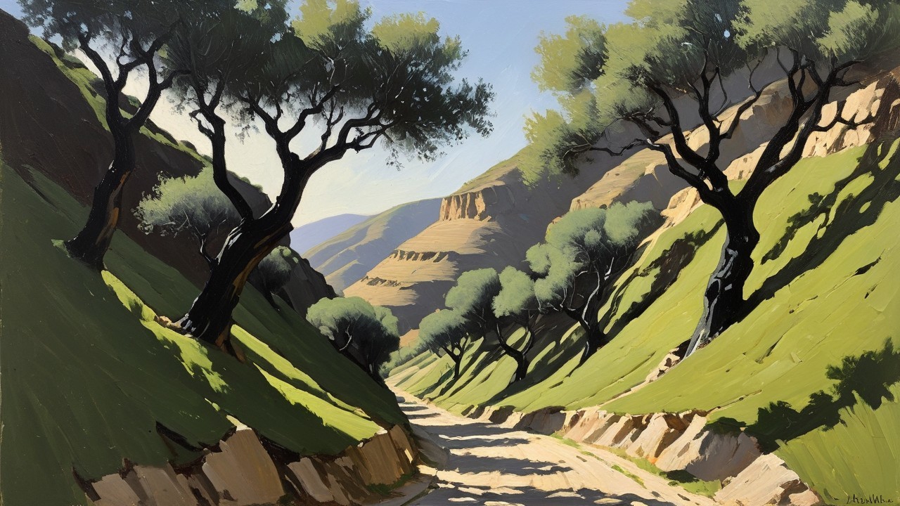 Serene landscape with winding path and olive trees