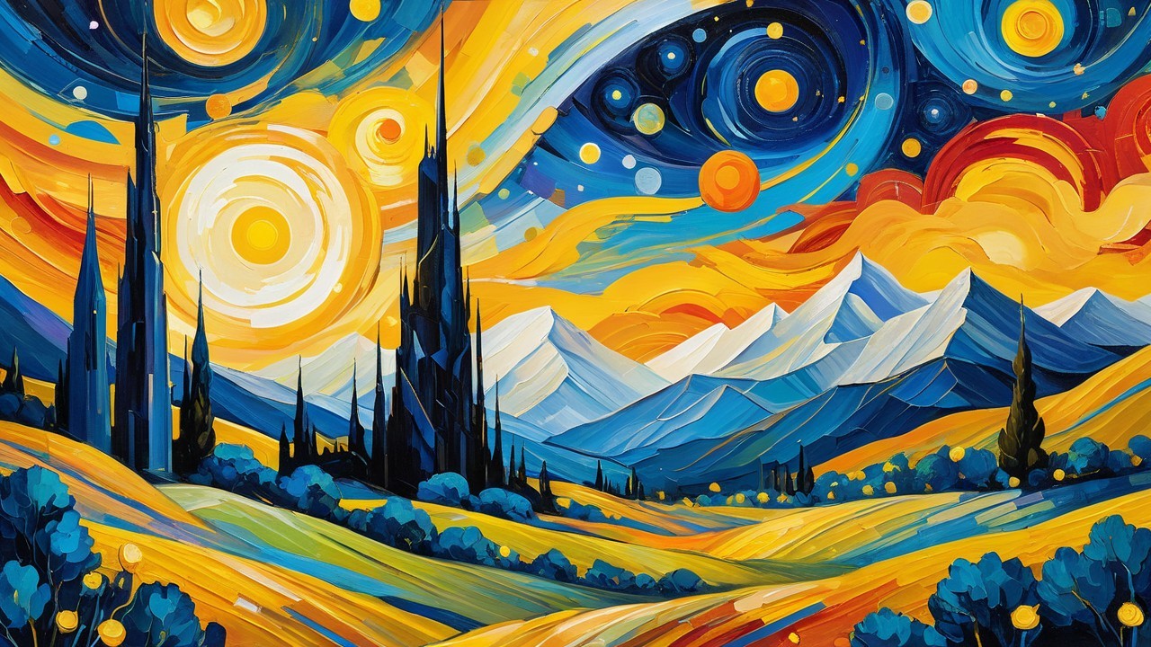 Vibrant Dreamlike Landscape with Bold Colors and Mountains