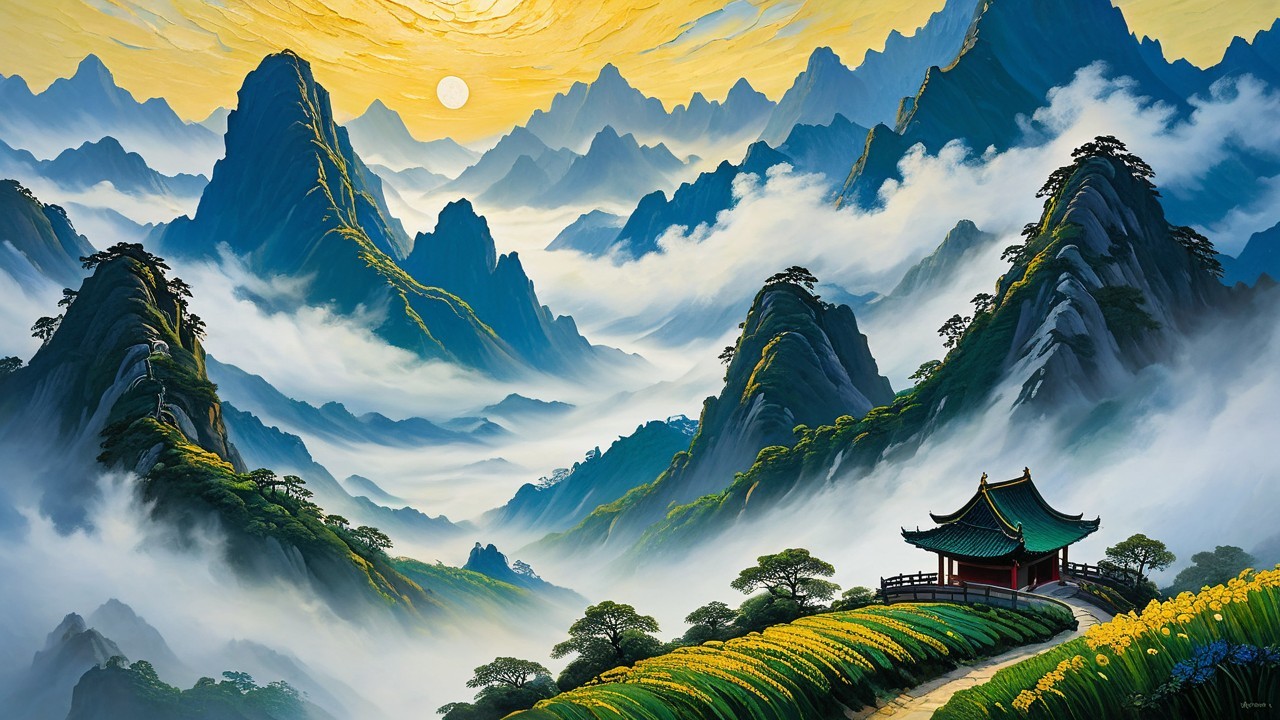 Vibrant Mountain Landscape with Pagoda and Flowers