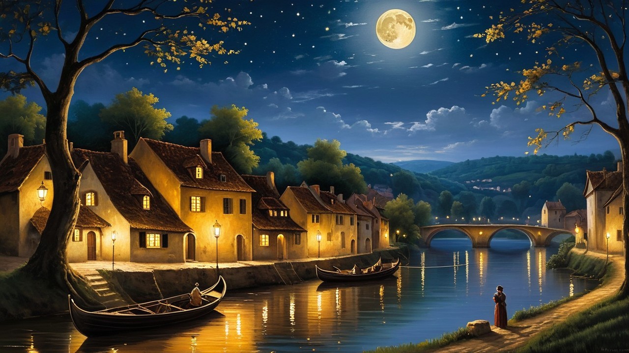 Serene Night Scene of a Village by a River