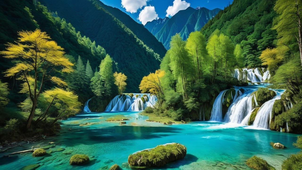 Cascading Waterfalls in a Lush Mountain Landscape